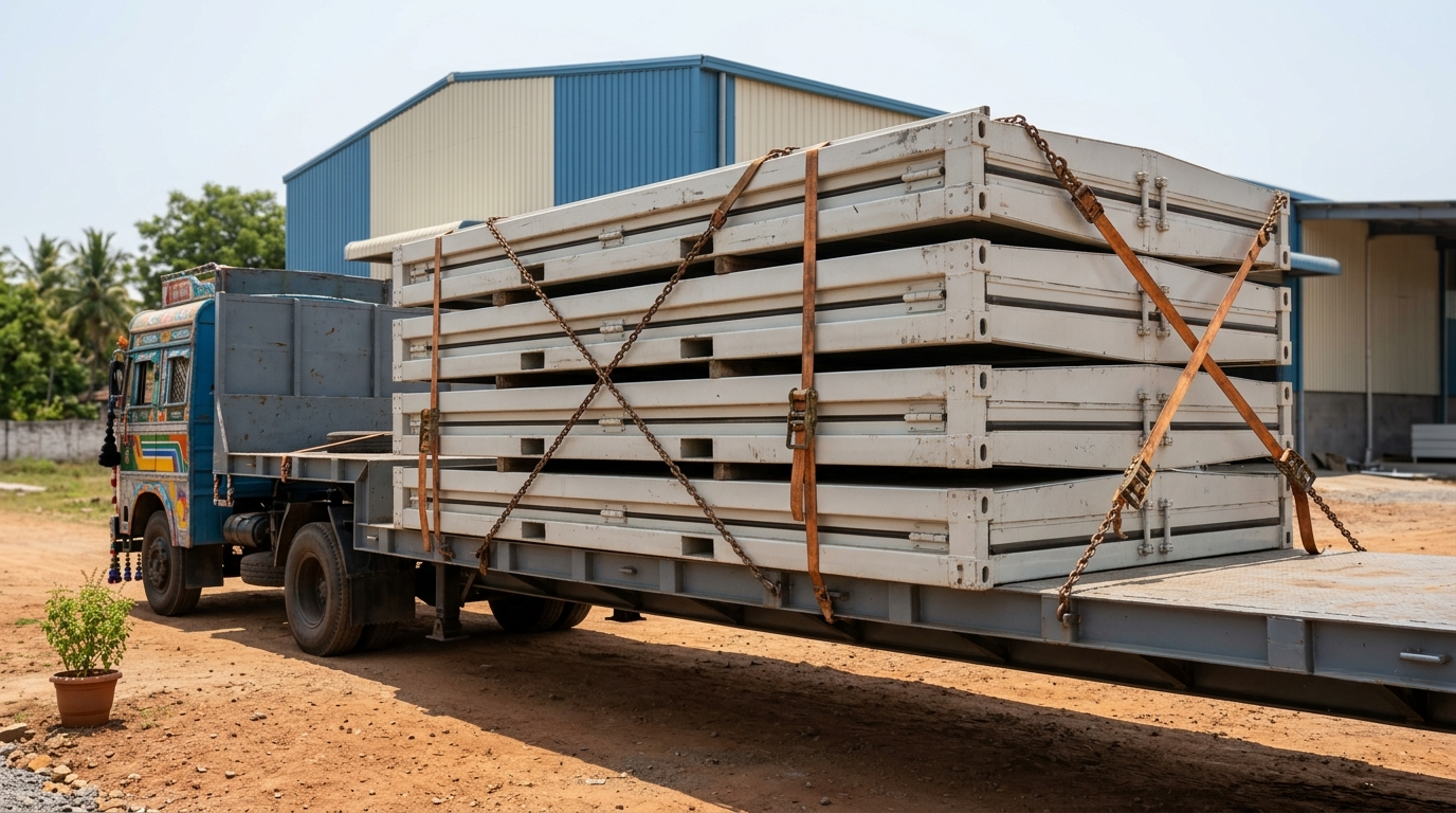 Folding cabins loaded flat on a truck for transport